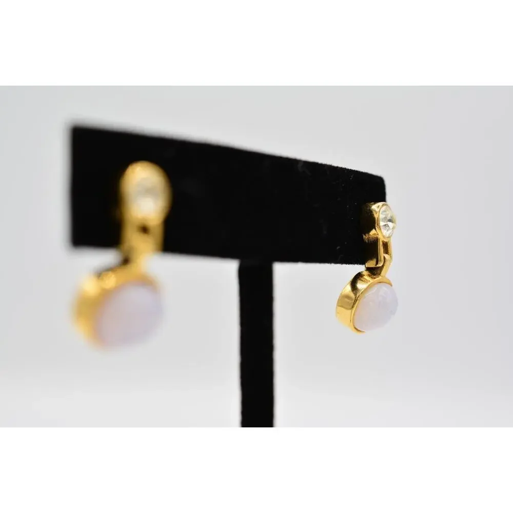 Givenchy Vintage Opal Cabochon Earrings Pink Gold Crystal Dangle Signed BinAI - Picture 5 of 12